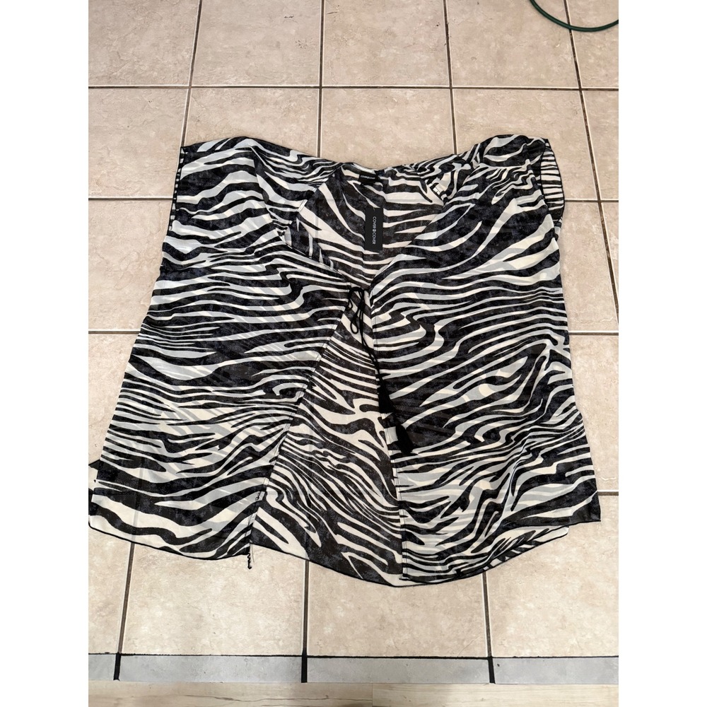 Cover 2 Cover Women Zebra Print Sheer Swim Cover Up Black White Tassel Tie NWT